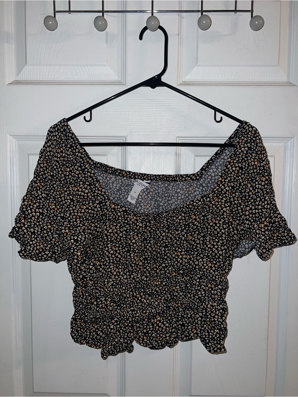 Off the shoulder Black Floral Smocked Crop Top with Cream & Tan Ditsy Print